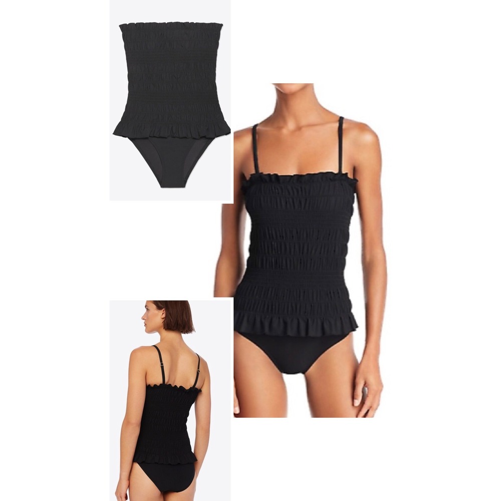 Tory Burch Black Smocked Ruffle One Piece Swimsuit Medium Strapless Convertible